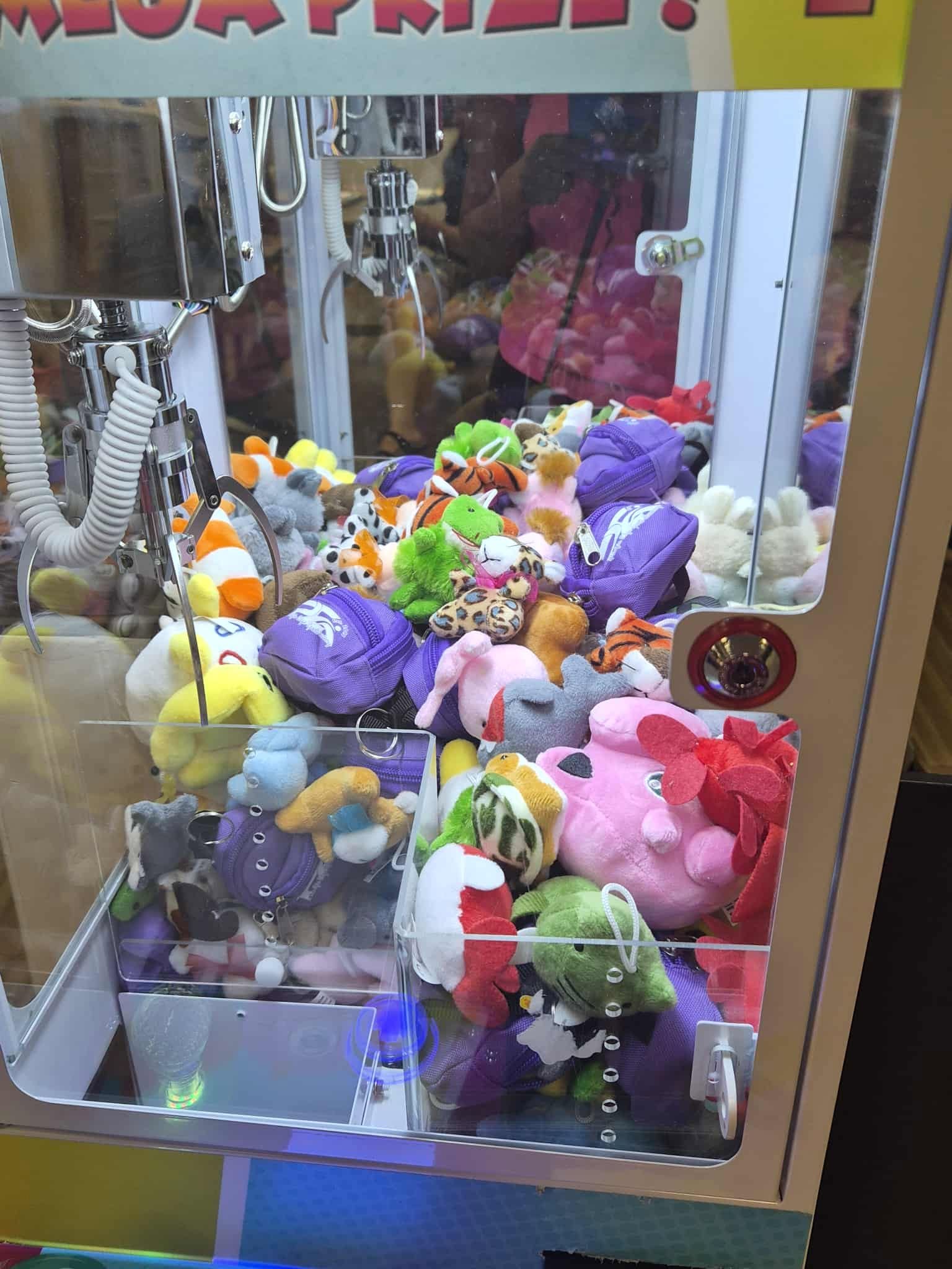Close-up of plush prizes inside a claw machine